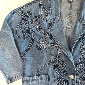VTG 80s, 90s Monariza Embellished Acid Wash Denim Jacket, L, Glam Rock